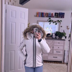 White Women’s Hooded Winter Jacket with Real Fur Trim